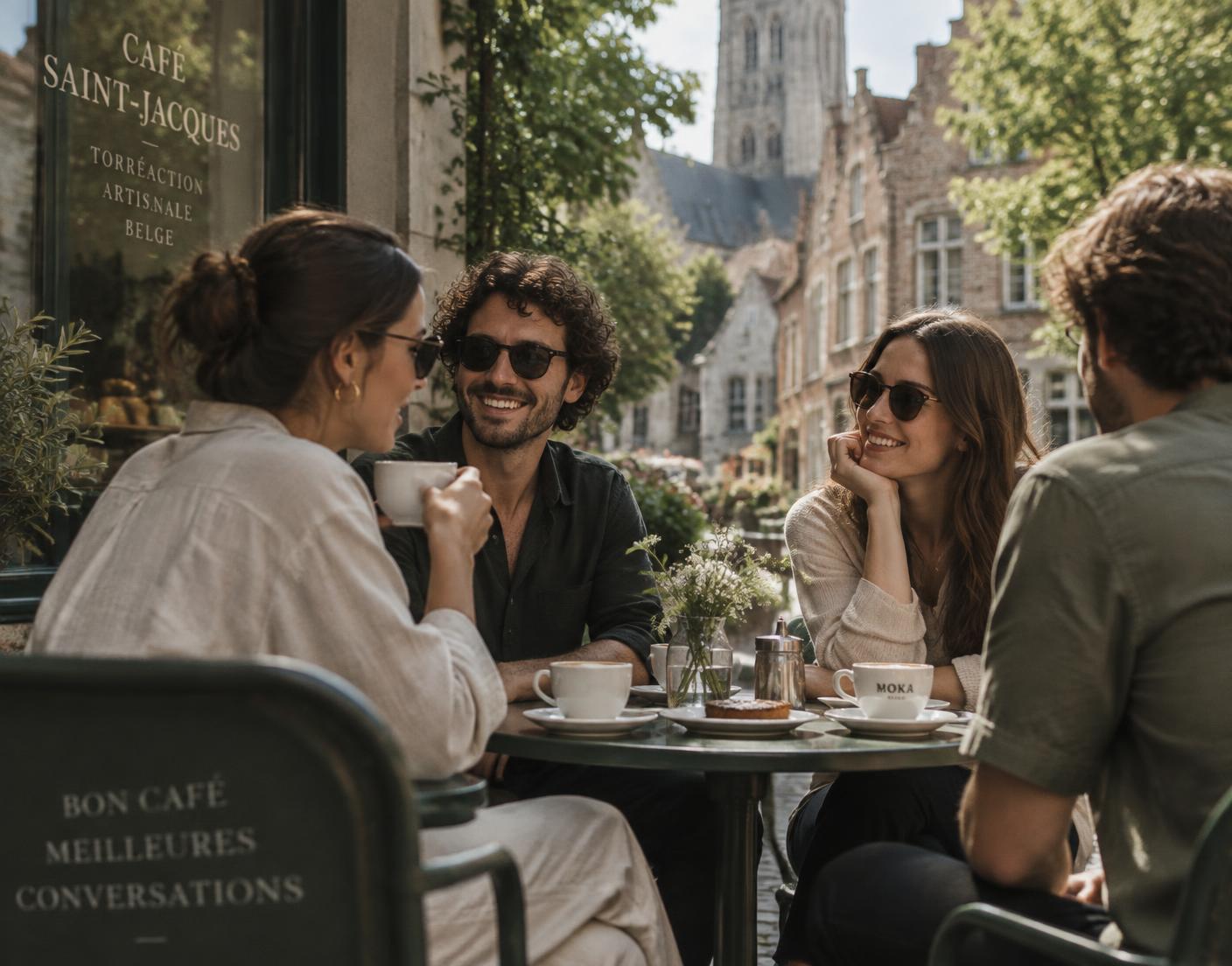 Jonge mensen met koffie op een terras in een Belgisch stadscentrum